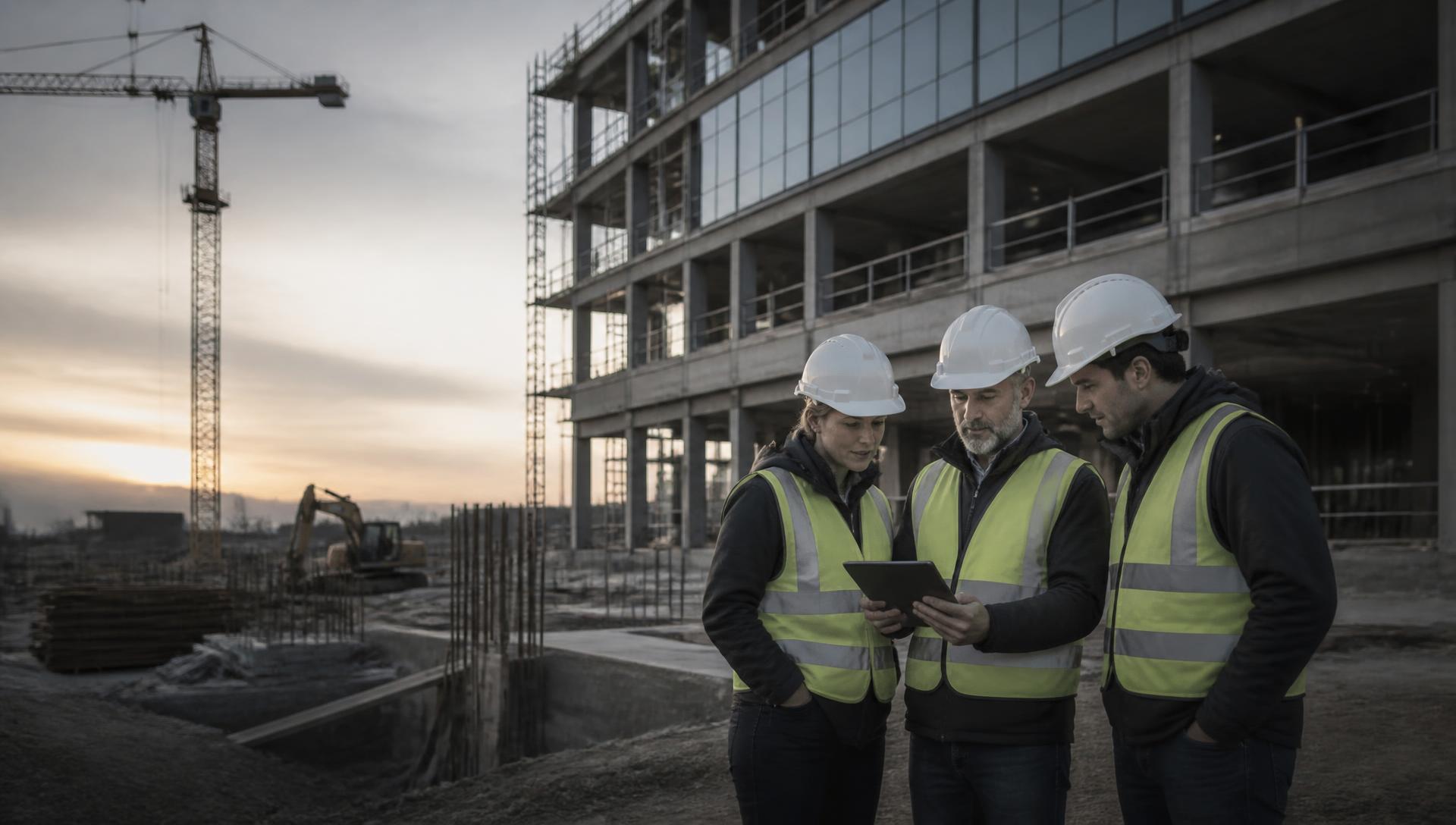 Project team reviewing plans on a commercial construction site at dusk